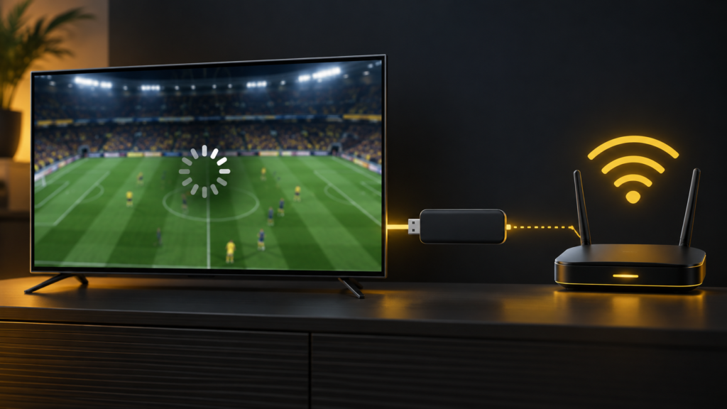 Football stream buffering on a TV, with a streaming stick and Wi-Fi router